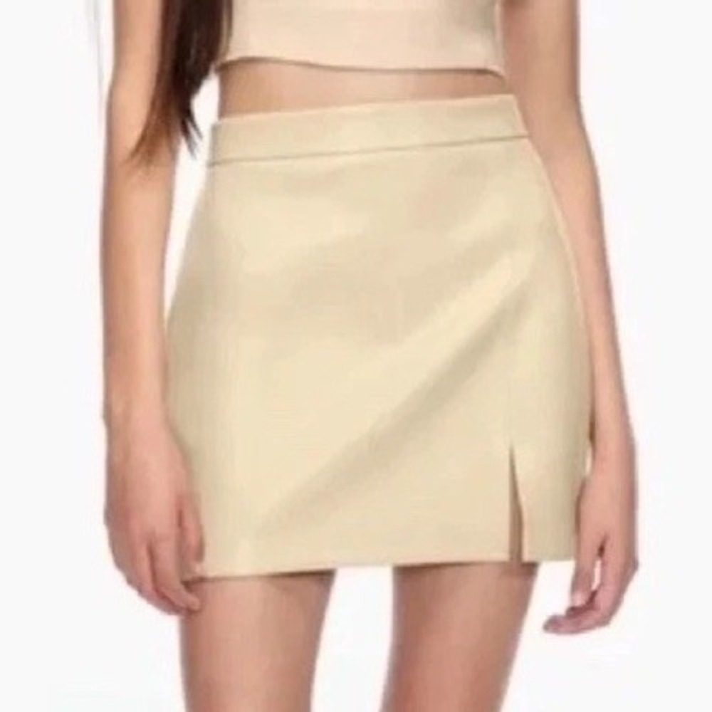 Wilfred Cream faux Leather Mini Skirt‎ with Front Slit, classy, edgy and girly